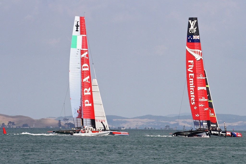 The boats start to turn for the first reach and keep accelerating - AC72 Race Practice - Takapuna March 8, 2013 © Richard Gladwell www.photosport.co.nz